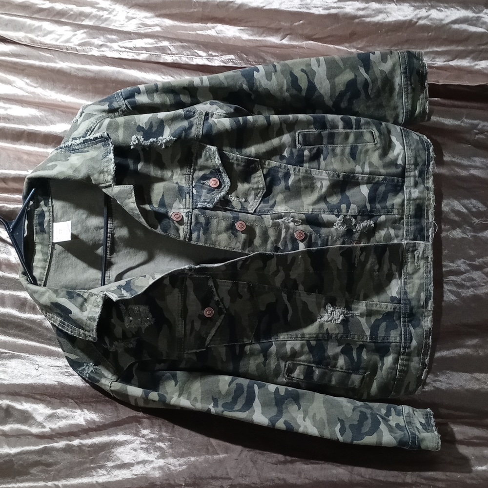 Camouflage Denim Jacket with Distressed Effects